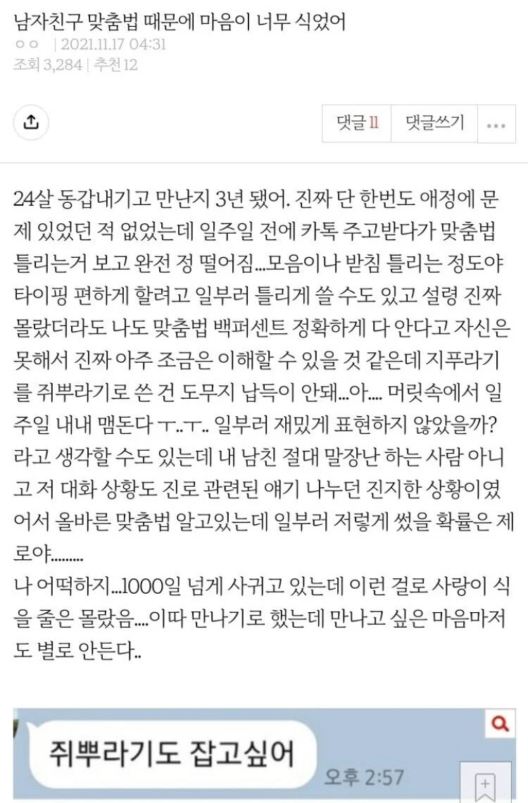 남자친구 맞춤법 때문에 마음이 너무 식었어.jpg
