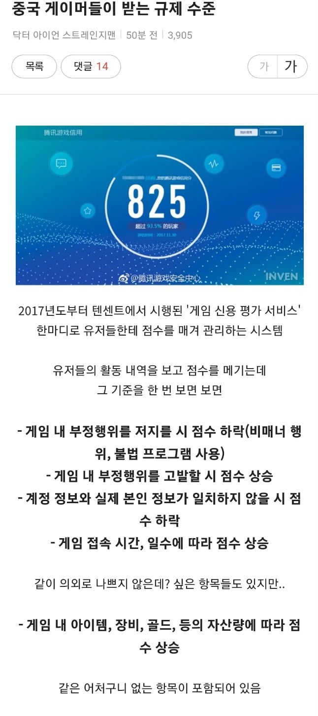 중국 게이머들이 받는 규제, 게임 신용 평가 서비스 점수 제도