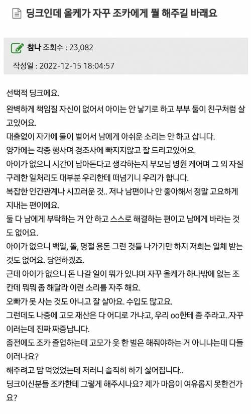 딩크인데 올케가 자꾸 조카에게 뭘 해주길 바래요