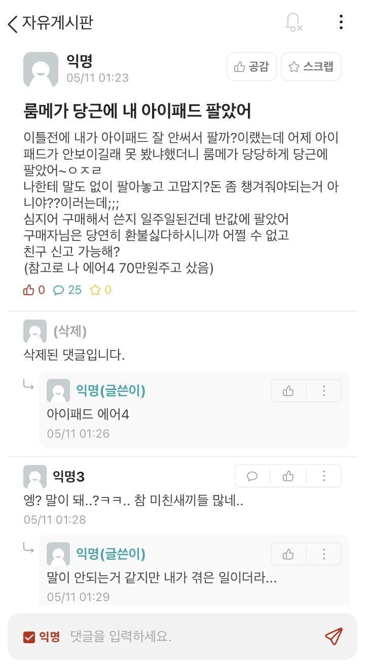 룸메가 당근에 내 아이패드 팔았어