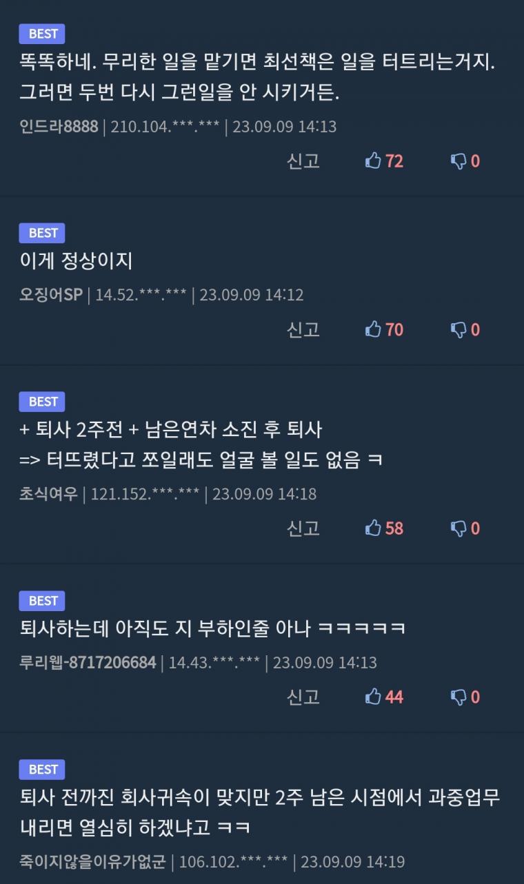 퇴직 2주 남기고 휴일 출근해가며 일한 후배