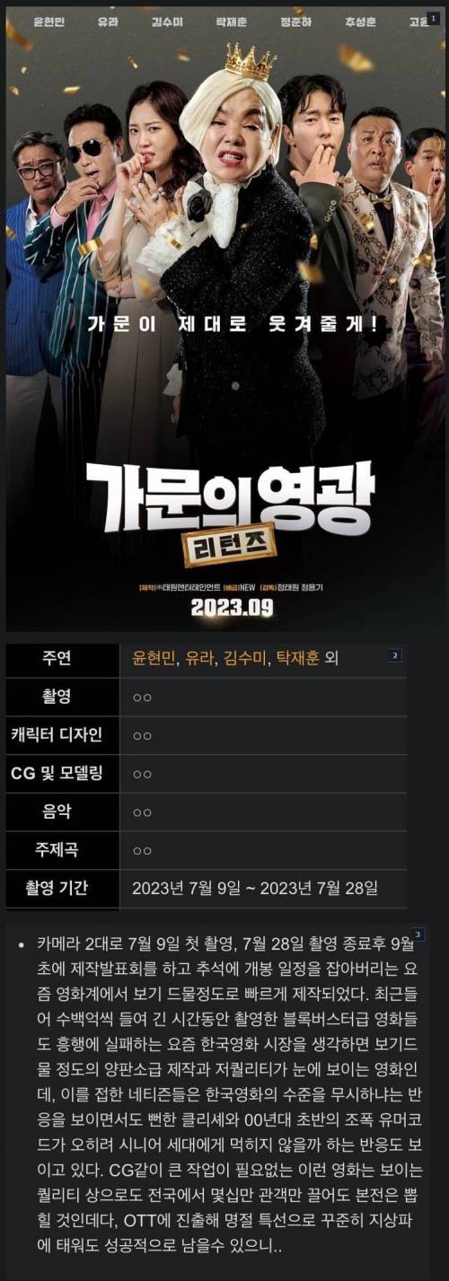 가문의 영광 신작 촬영기간