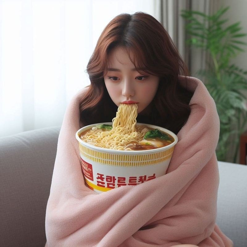 AI야 라면먹고 갈래? 하는 여자 그려줘