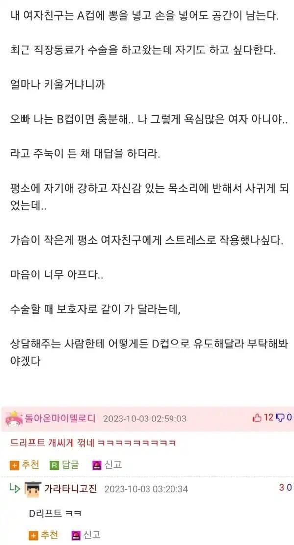 A컵 여친이 B컵으로 수술을 하고 싶어했다