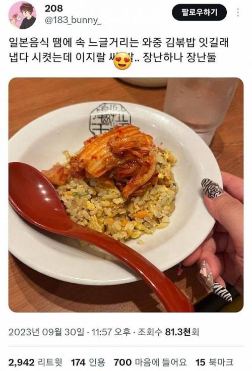 일본에서 김치볶음밥 시켰는데 이렇게 나옴