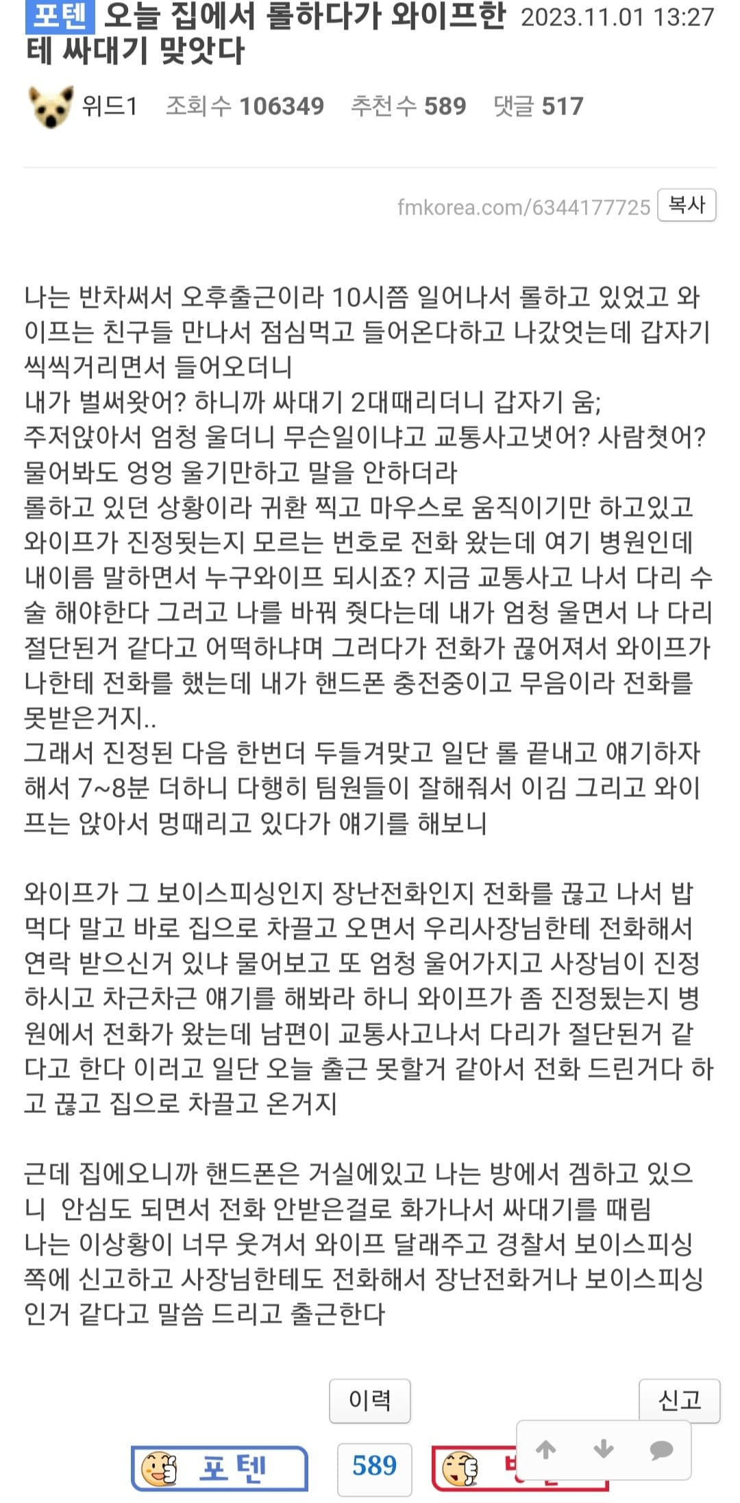 집에서 롤하다가 와이프한테 싸대기 맞은 펨붕이