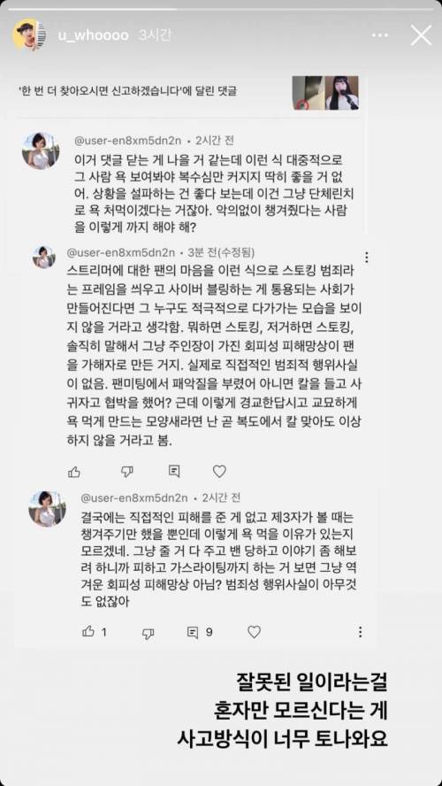 스트리머가 스토킹하지 말라고 올린 영상에 스토커가 남긴 댓글