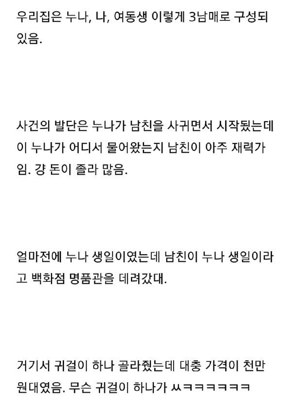 누나의 비싼 귀걸이를 여동생이 몰래 하고감.txt