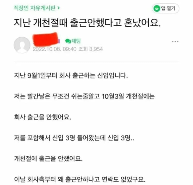 개천절에 출근 안 했다고 혼났어요.katalk