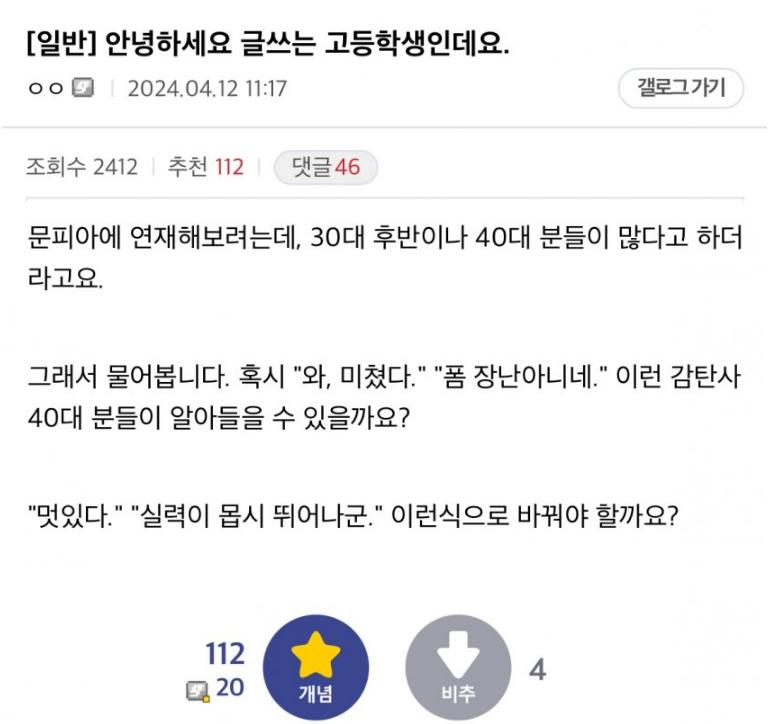 30, 40대에게 도발기 시전한 고딩 소설작가 지망생