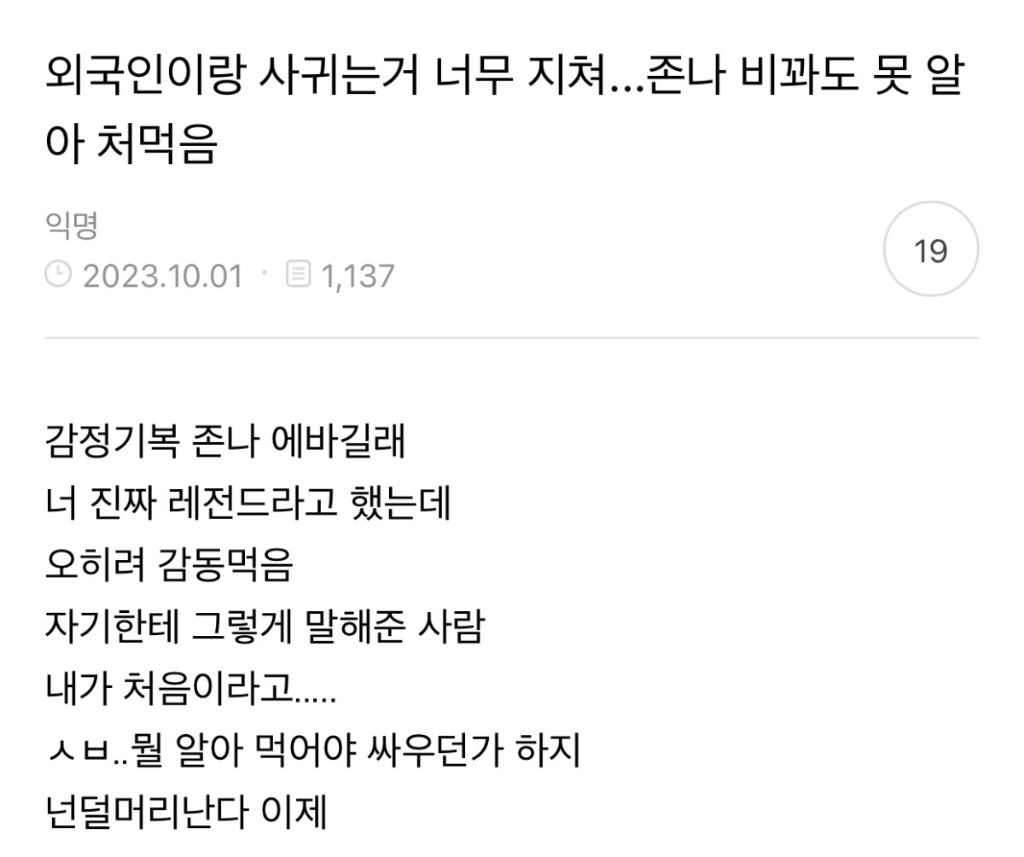 외국인이랑 사귀는거 너무 지쳐... 비꽈도 못 알아 처먹음