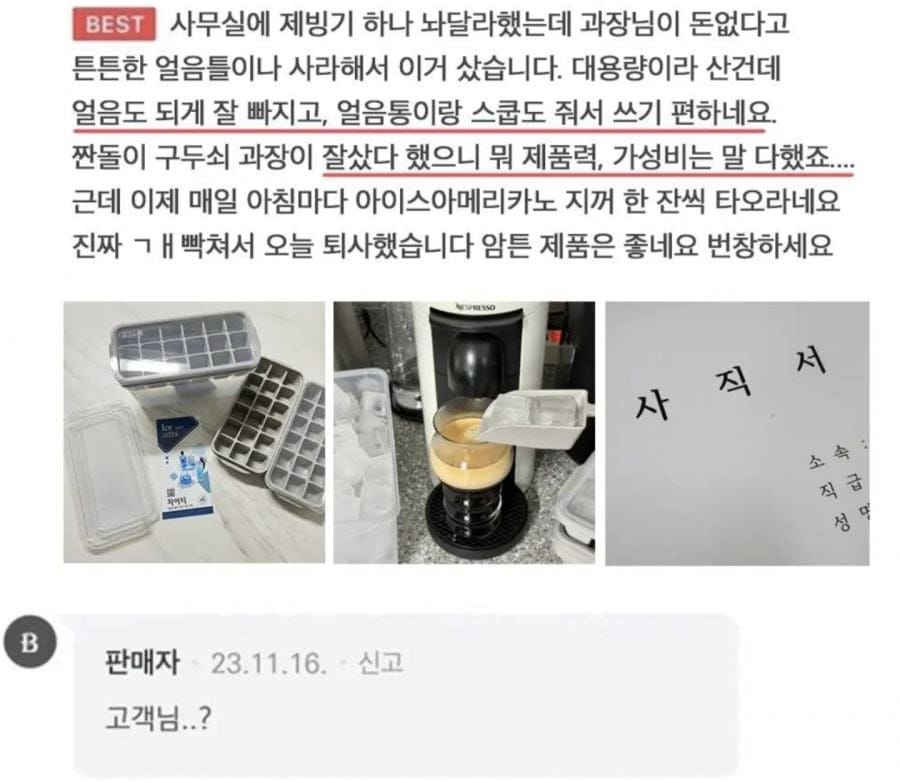 구매 후기에 사직서까지 올린 썰 ㄷㄷ.jpg