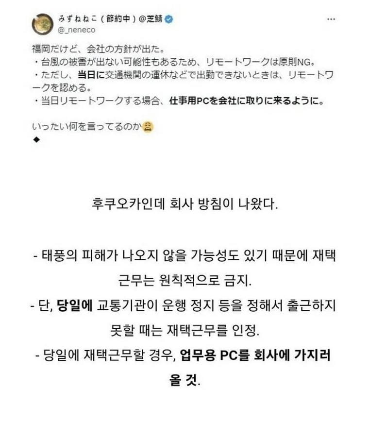 태풍에 난리인 일본 어느 회사의 재택 근무 방침.jpg