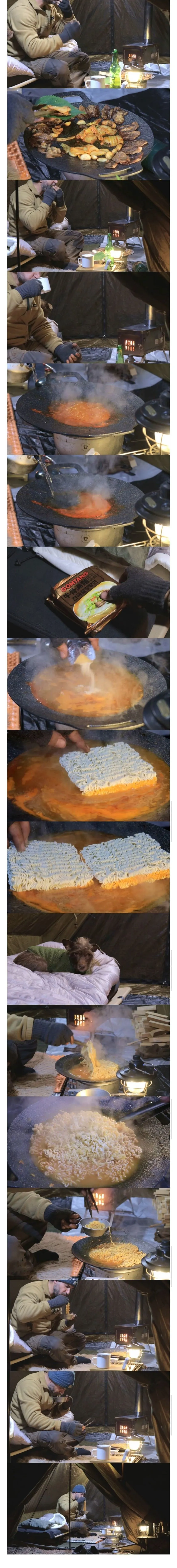 영하 5도 텐트에서 한국식 바베큐 하겠다는 외국인.