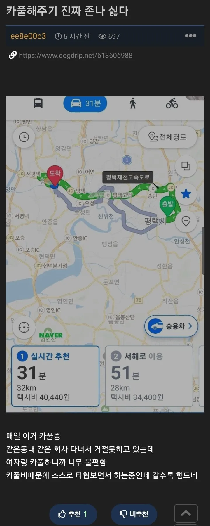 카풀비 45만원 받아도 카풀 싫다는 사람