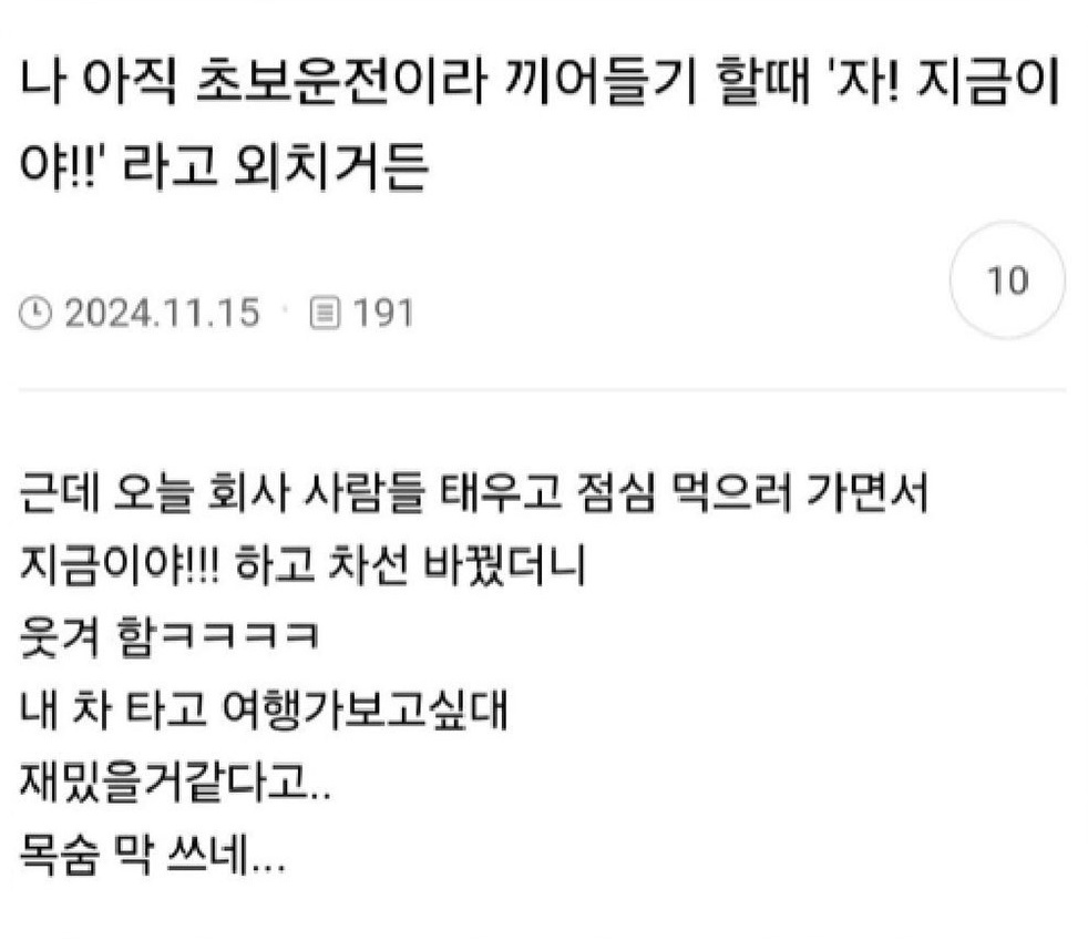 나 아직 초보운전이라 끼어들기 할때 자! 지금이야!! 라고 외치거든