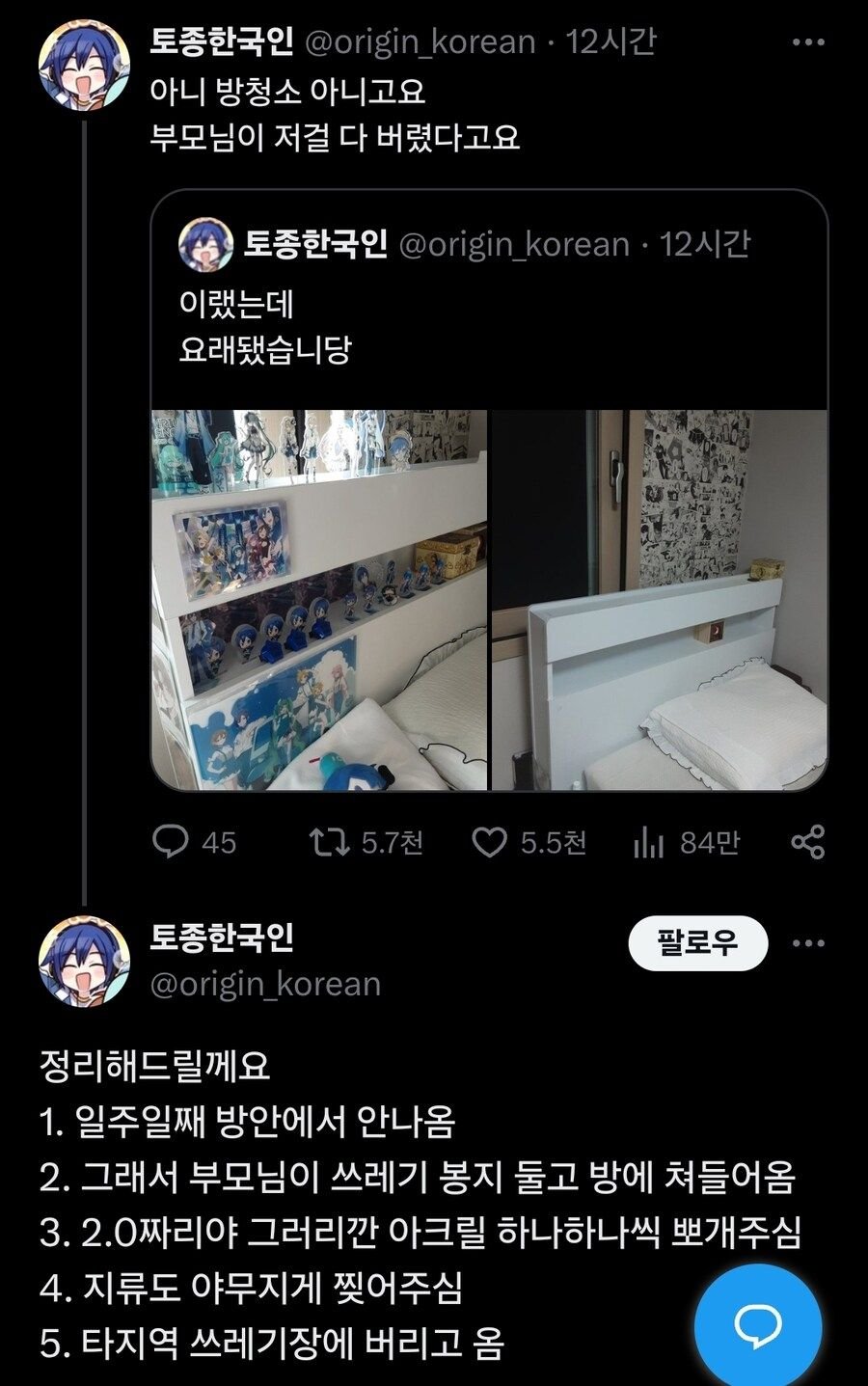 자식 굿즈 싹다 버린 부모
