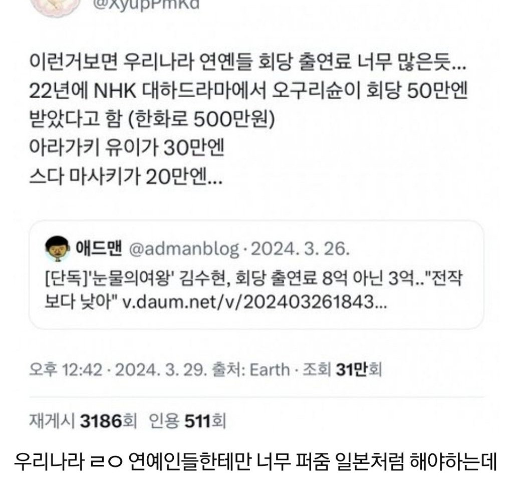 일본 탑배우 드라마 회당 출연료 실화냐