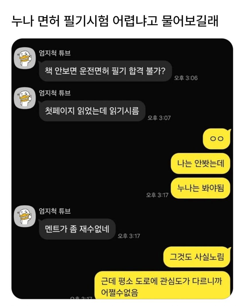 누나가 운전면허 필기 어렵냐고 물어보길래...
