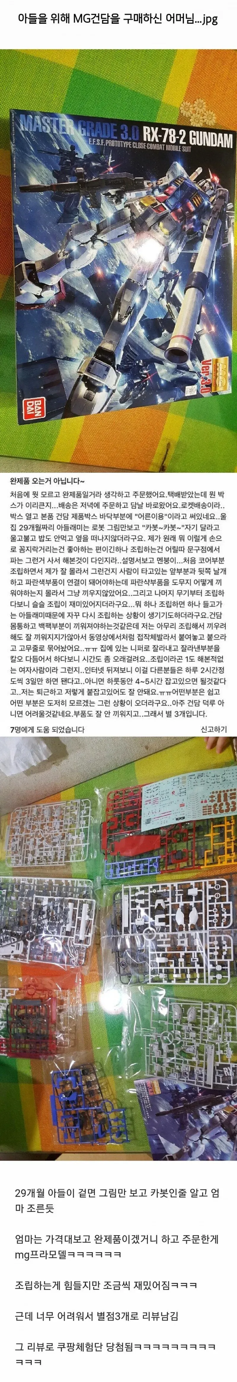 아들을 위해 건담을 구매하신 어머님이 별점 3개 준 이유