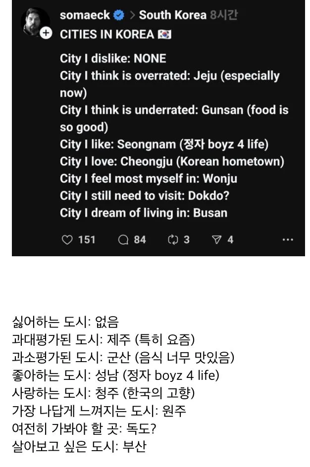 한국에 거주하는 어느 외국인의 한국 도시 평가