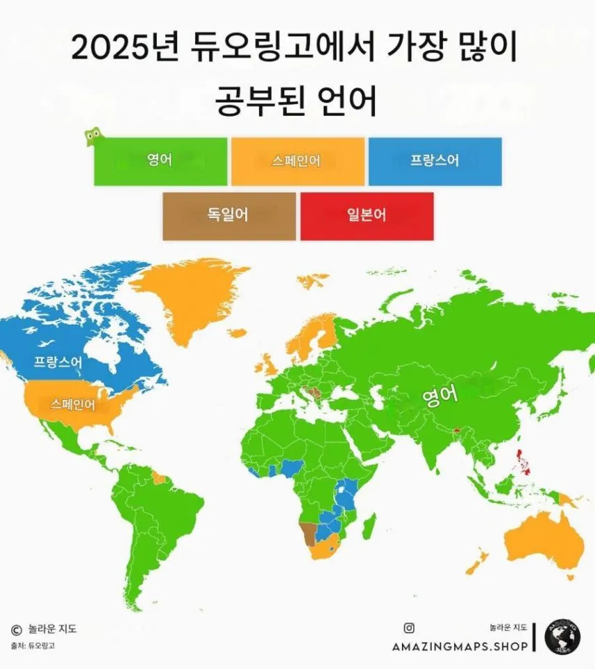 2025년 듀오링고에서 가장 많이 공부된 언어