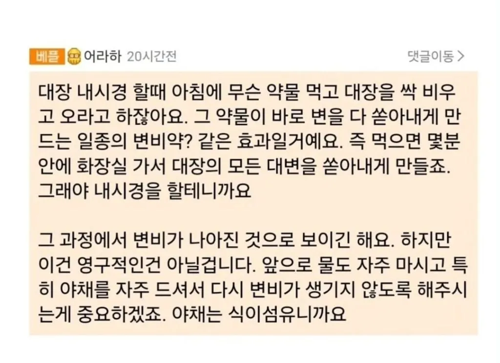 대장내시경후 변비가 나았다는 사람