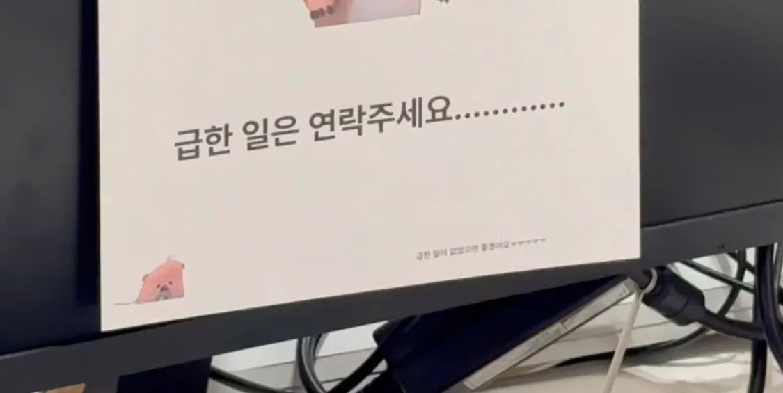 첫 연차 쓴 회사 막내 모니터에 붙여진 사진