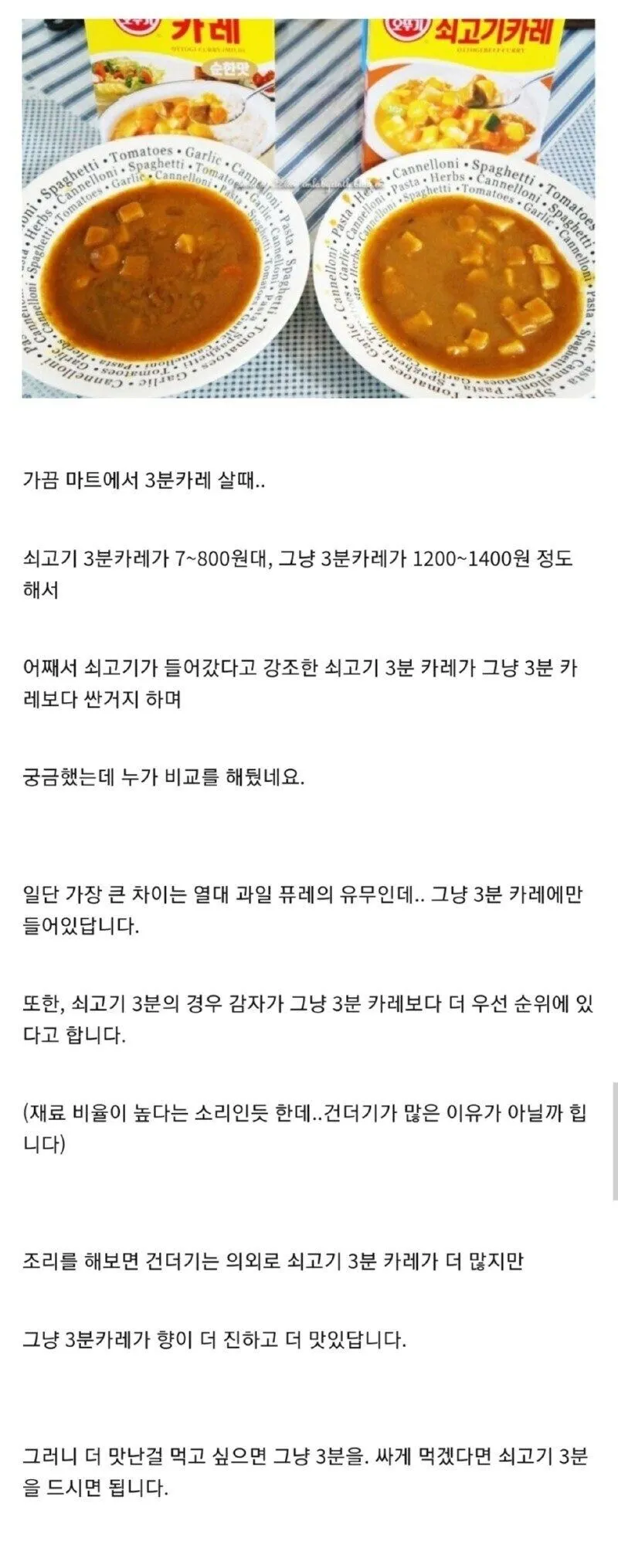 3분카레랑 쇠고기 카레 차이점