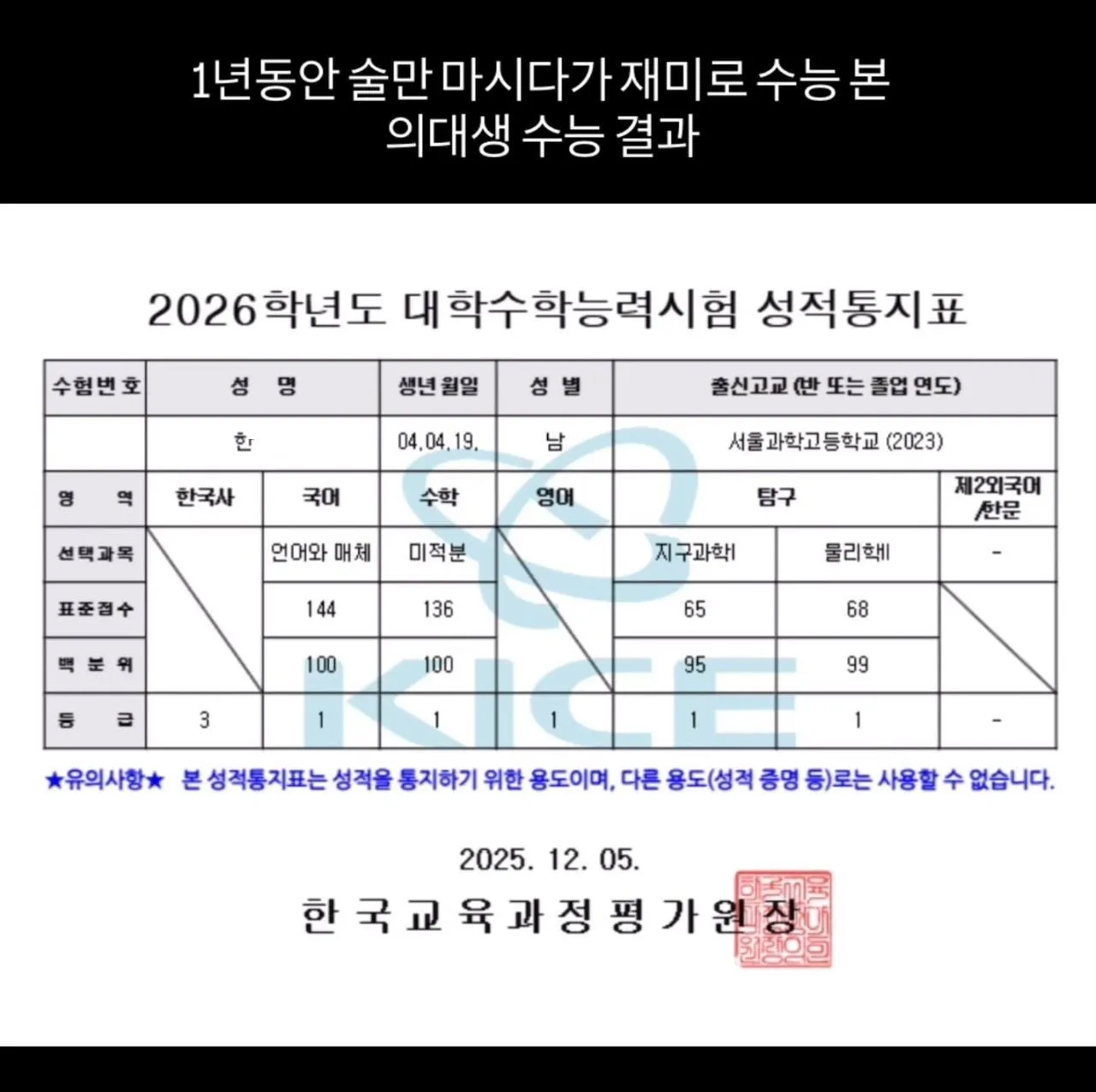 의대생이 재미로 수능 치고 1등급 맞아서 논란