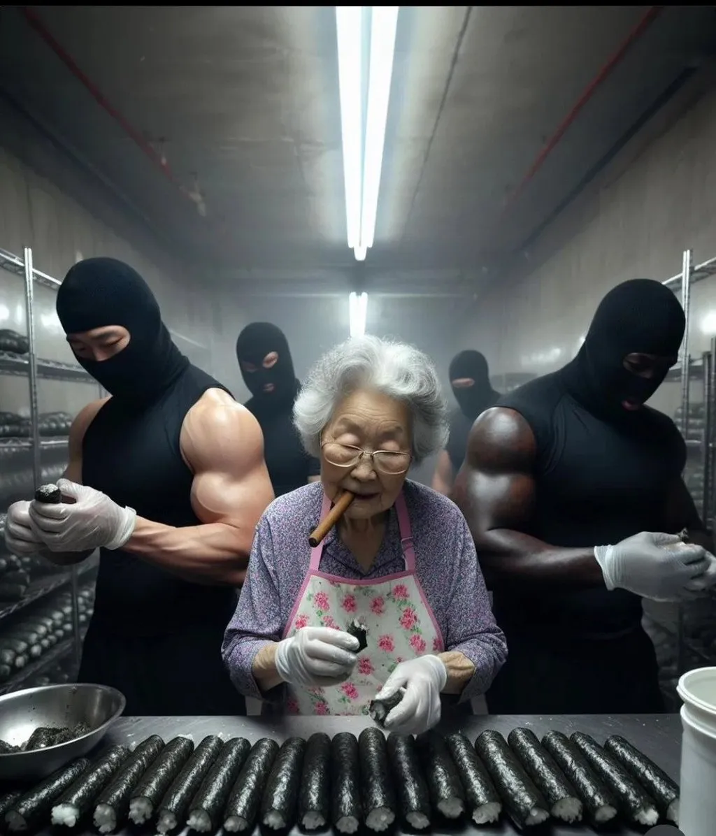 GPT, 마약김밥 팔아서 떼부자된 할머니 그려줘