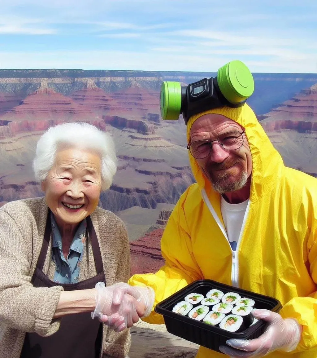 GPT, 마약김밥 팔아서 떼부자된 할머니 그려줘